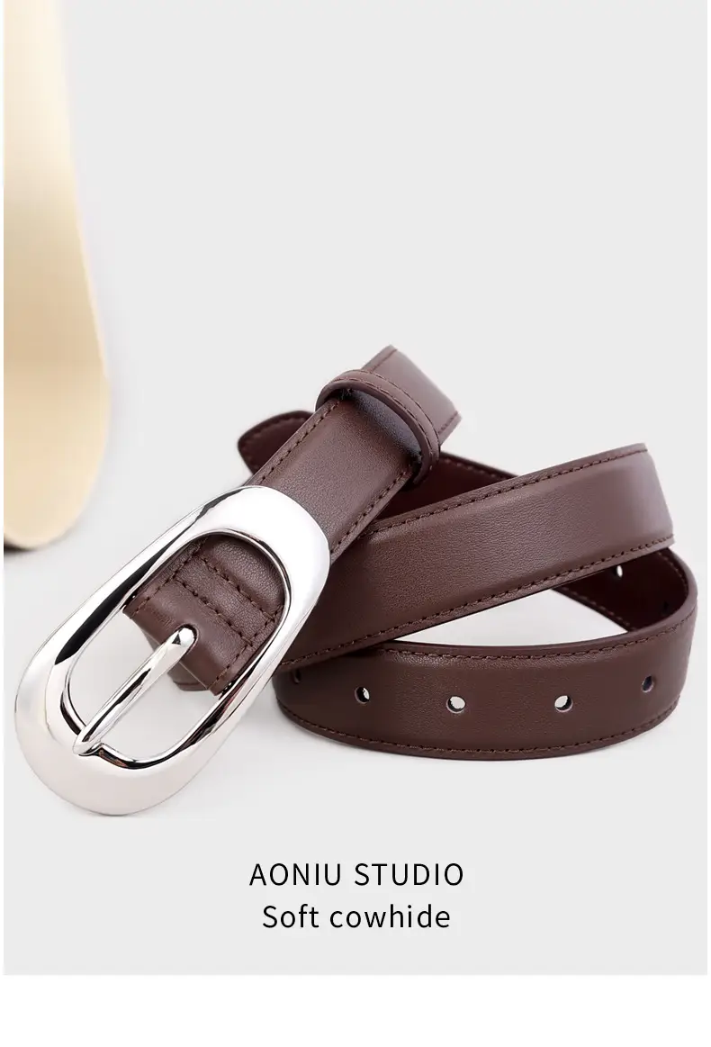 Women's Brown Leather Belt with Silver Buckle — feature 13