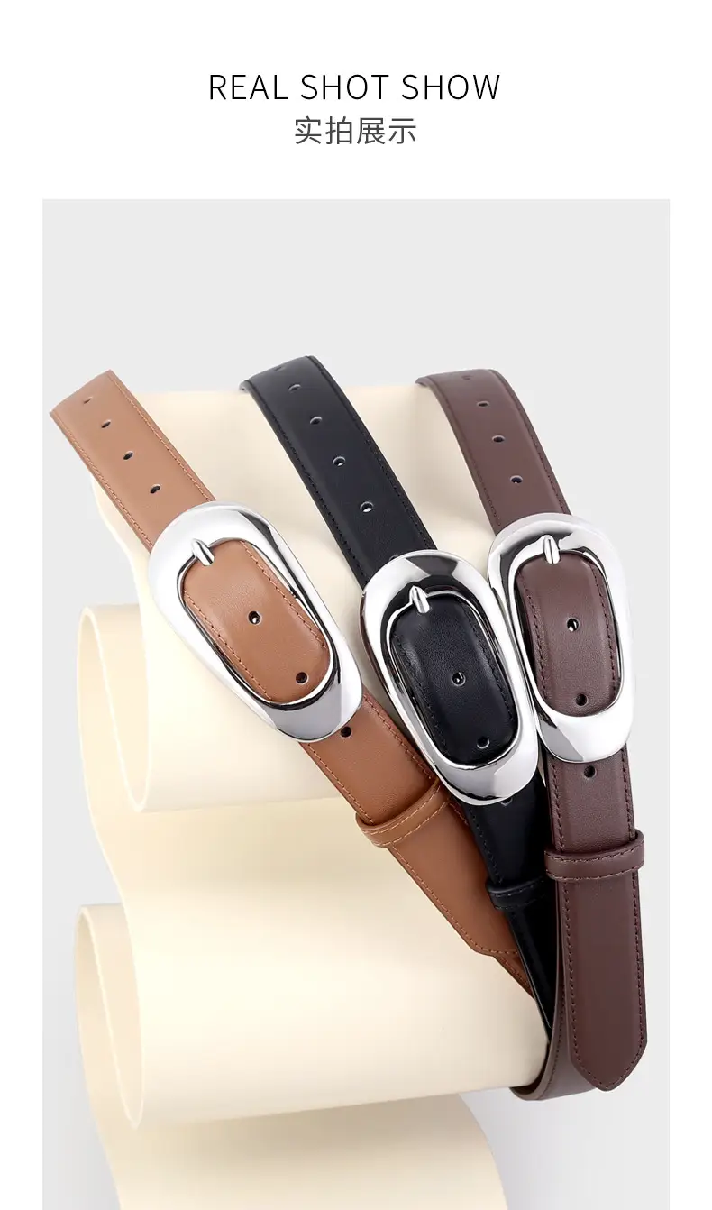 Women's Brown Leather Belt with Silver Buckle — feature 14