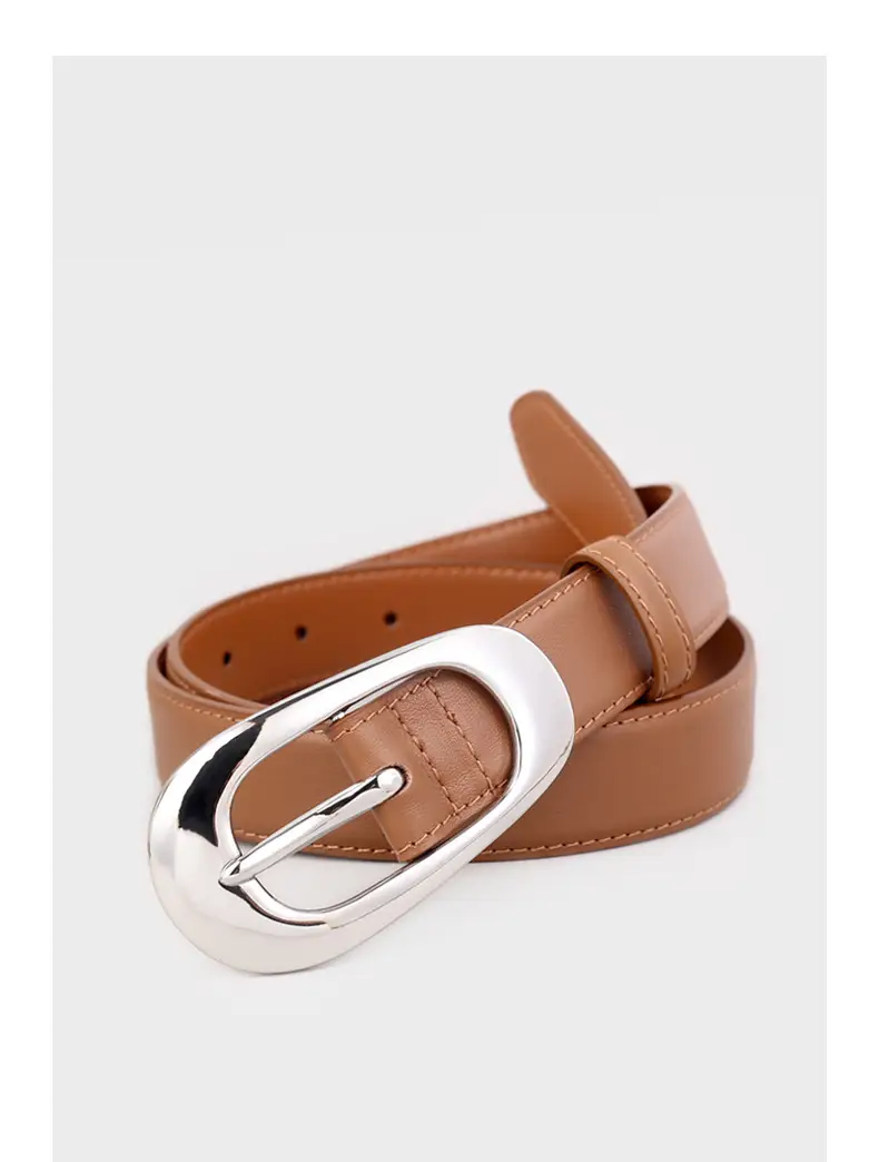 Women's Brown Leather Belt with Silver Buckle — feature 18