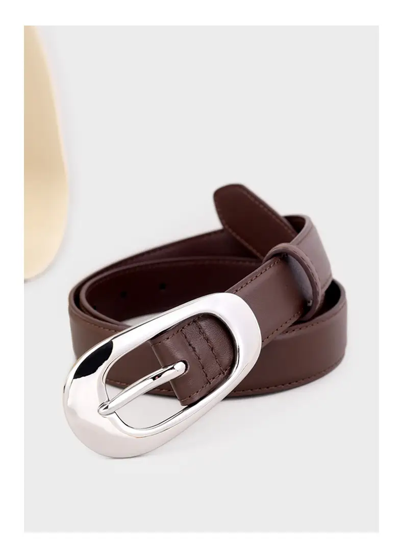 Women's Brown Leather Belt with Silver Buckle — feature 19