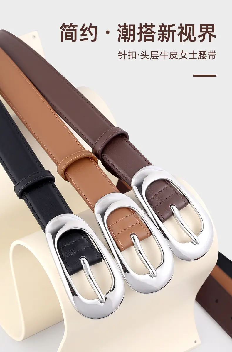 Women's Brown Leather Belt with Silver Buckle — feature 4