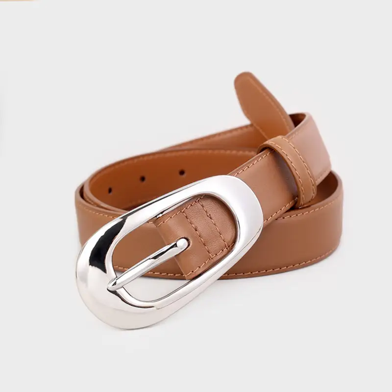 Women's Brown Leather Belt with Silver Buckle - Image 2