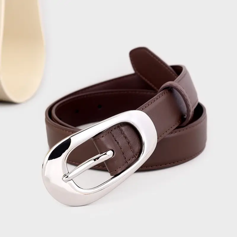 Women's Brown Leather Belt with Silver Buckle - Image 3