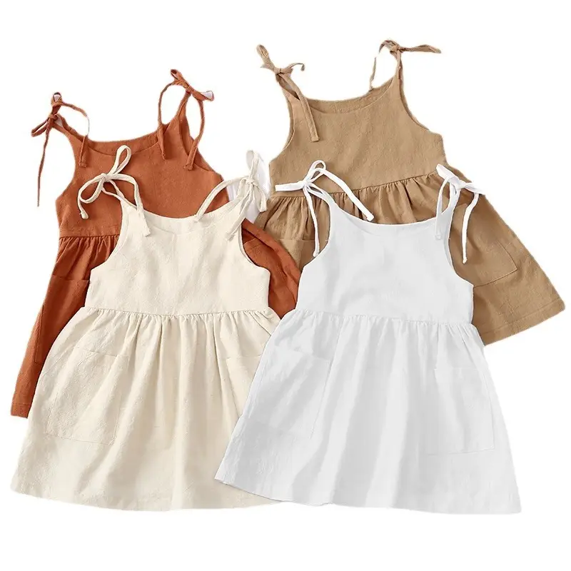 Beige Lace-Up Summer Girls Dress with Pocket