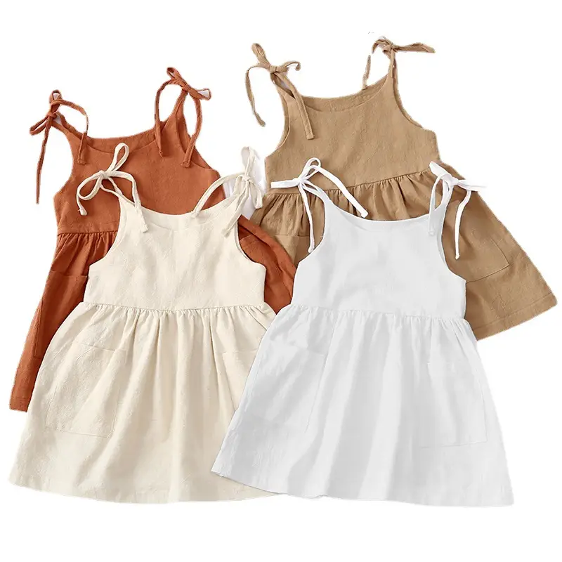 Beige Lace-Up Summer Girls Dress with Pocket — feature 1
