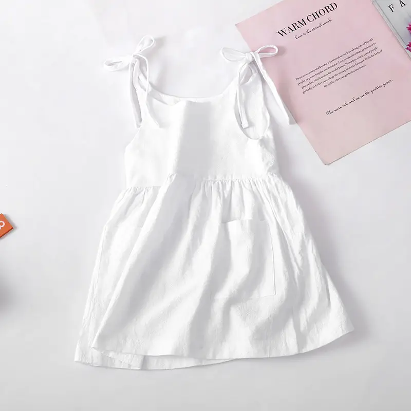 Beige Lace-Up Summer Girls Dress with Pocket — feature 3