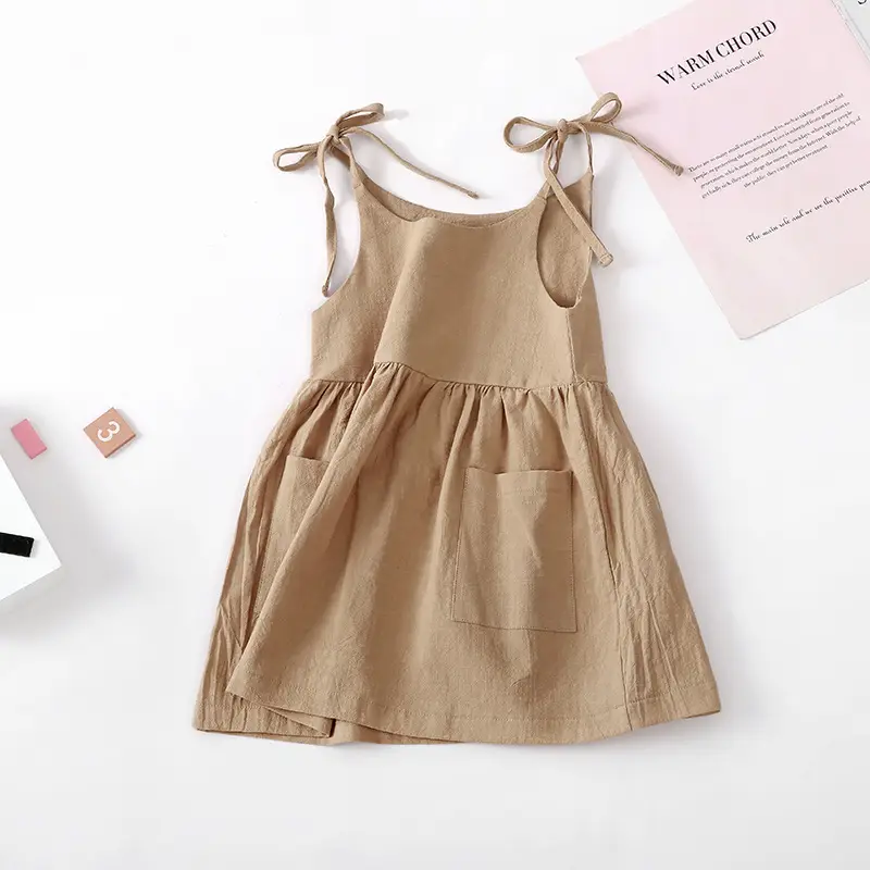 Beige Lace-Up Summer Girls Dress with Pocket — feature 4