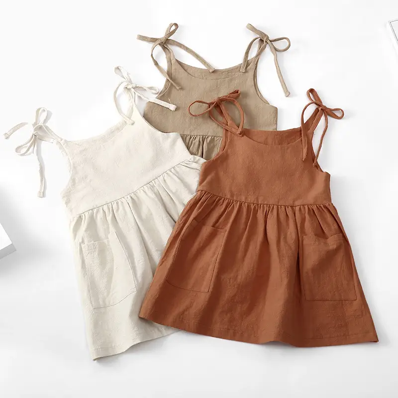 Beige Lace-Up Summer Girls Dress with Pocket — feature 6