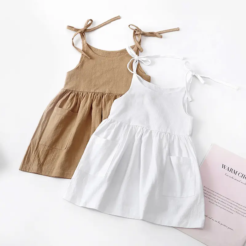 Beige Lace-Up Summer Girls Dress with Pocket — feature 7