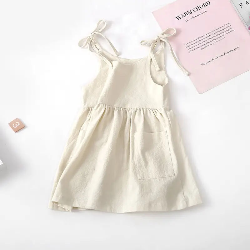 Beige Lace-Up Summer Girls Dress with Pocket