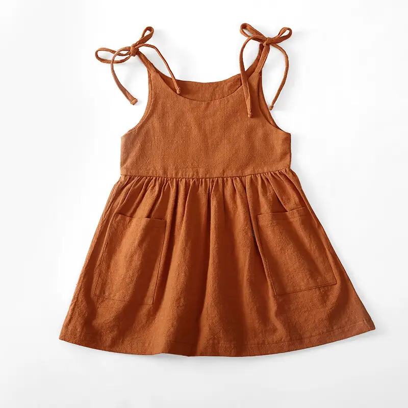 Beige Lace-Up Summer Girls Dress with Pocket