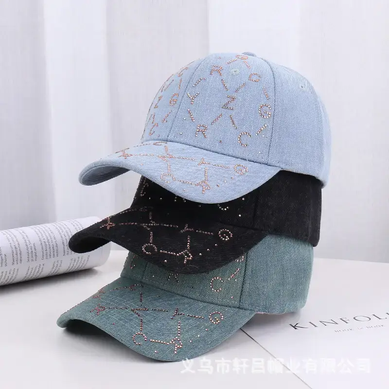 Women Blue Rhinestone Baseball Cap with Korean Design - Image 4