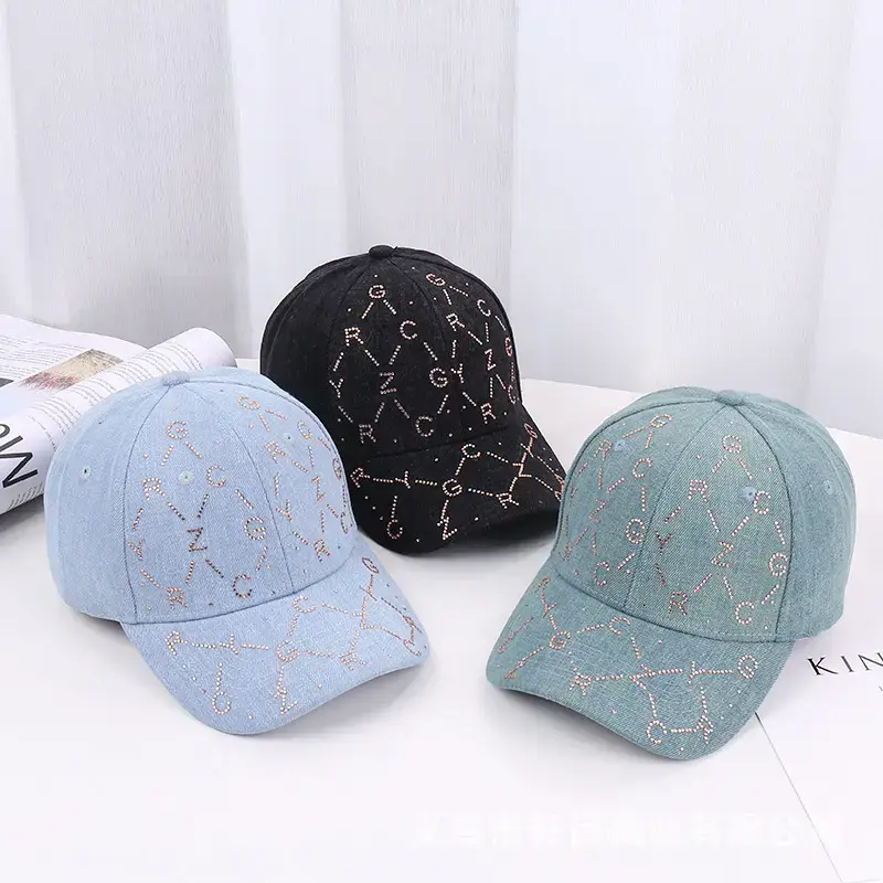 Women Blue Rhinestone Baseball Cap with Korean Design - Image 5