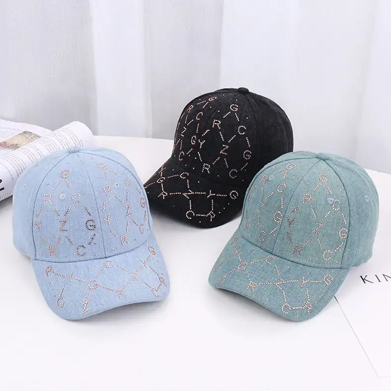 Women Blue Rhinestone Baseball Cap with Korean Design — feature 17