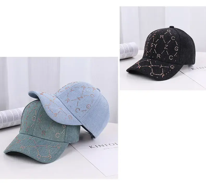 Women Blue Rhinestone Baseball Cap with Korean Design — feature 19