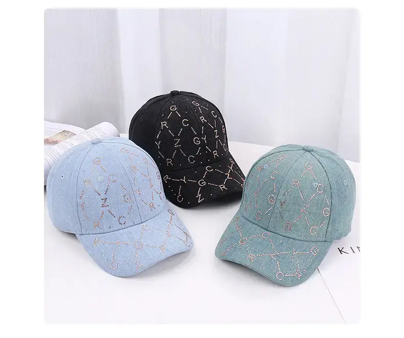 Women Blue Rhinestone Baseball Cap with Korean Design — feature 25