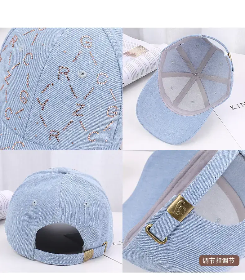 Women Blue Rhinestone Baseball Cap with Korean Design — feature 26