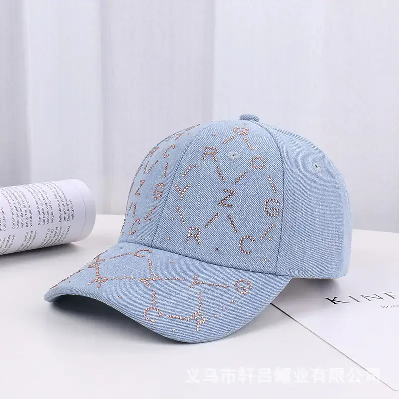 Women Blue Rhinestone Baseball Cap with Korean Design - Image 2