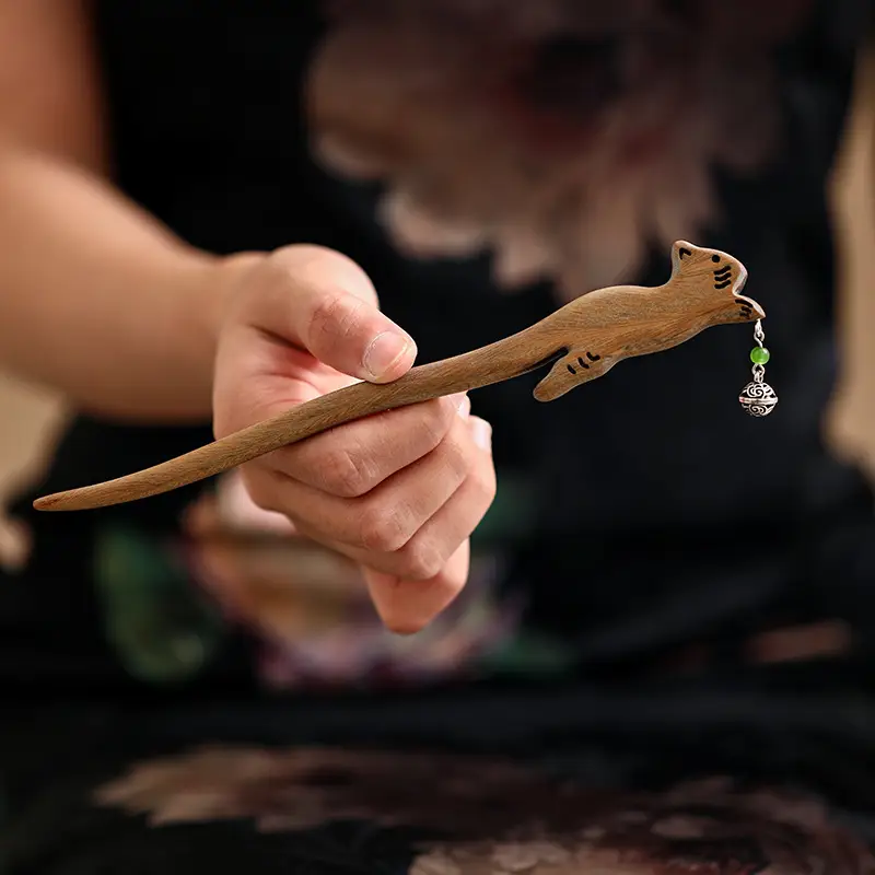 Antique Gold Silk Sandalwood Hairpin with Bell - Image 16