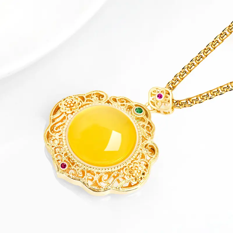 Natural Yellow Onyx Egg Face Copper Gold Plated Ice Jade Pendant Women's Necklace - Image 3