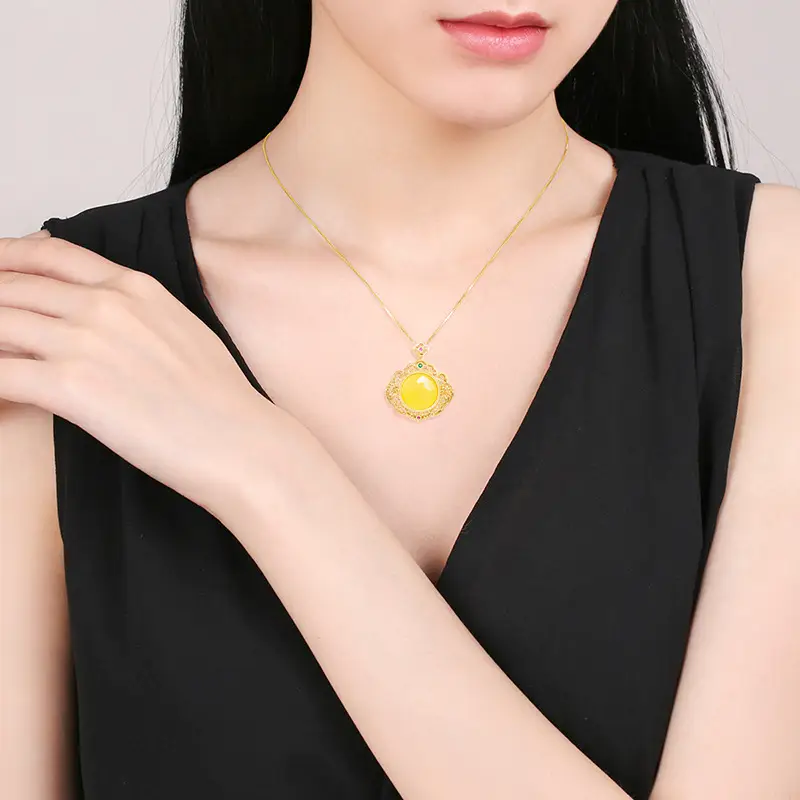 Natural Yellow Onyx Egg Face Copper Gold Plated Ice Jade Pendant Women's Necklace - Image 5