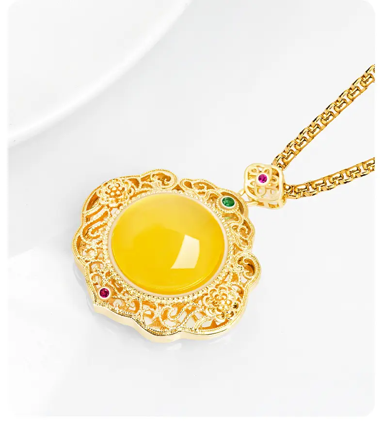 Natural Yellow Onyx Egg Face Copper Gold Plated Ice Jade Pendant Women's Necklace — feature 3