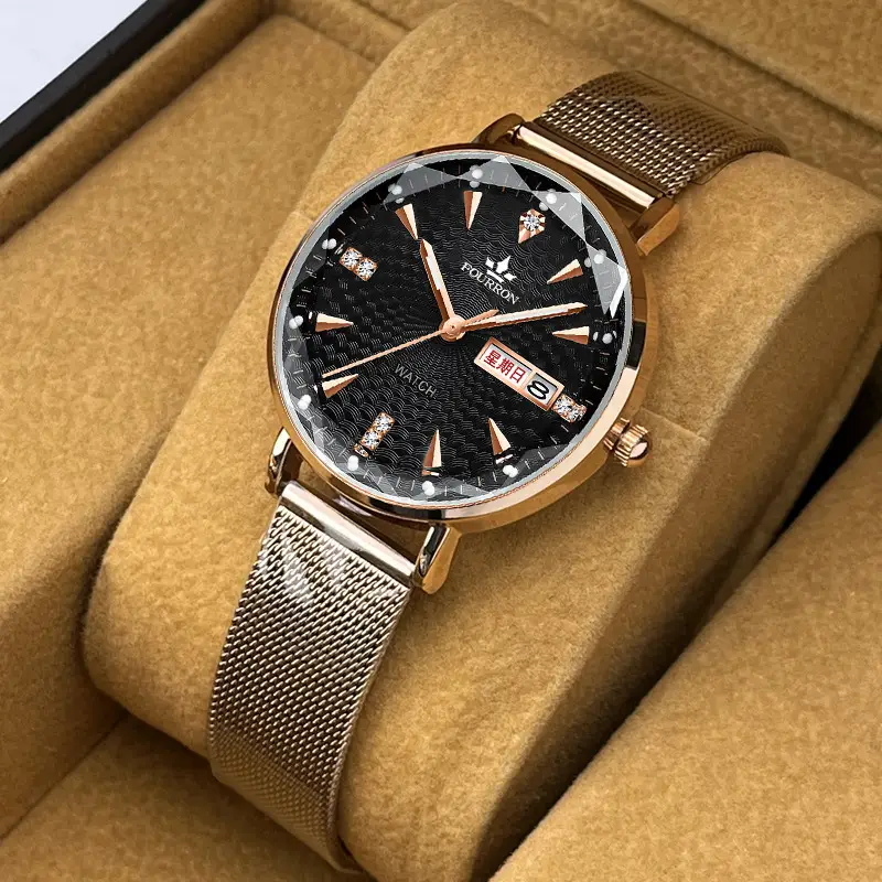 Women's Watch TikTok live hot sale Milan strap fashion simple thin double calendar Diamond-embedded waterproof Korean style women's — feature 8
