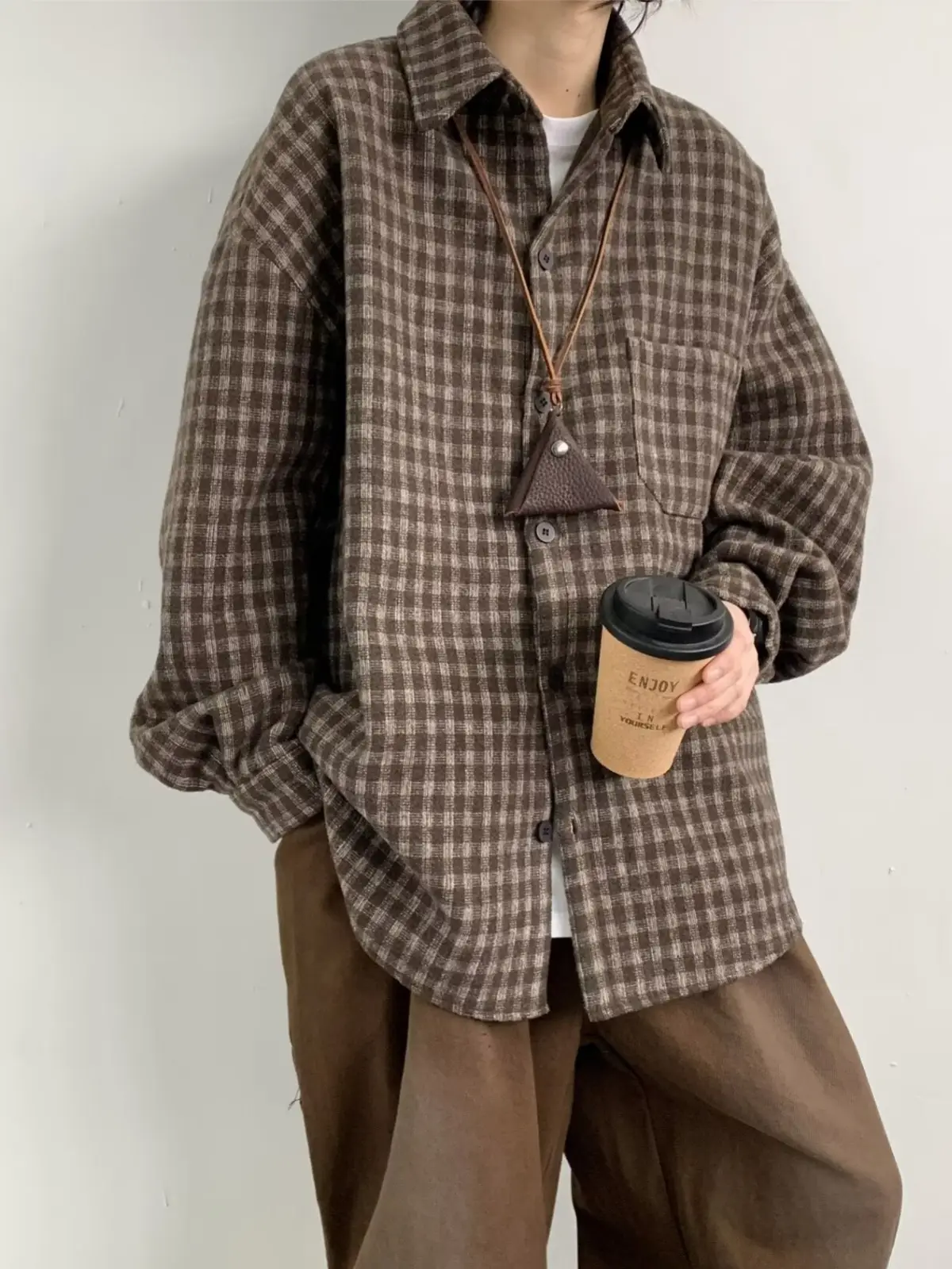 Men Vintage Checkered Long Sleeve Shirt Brown