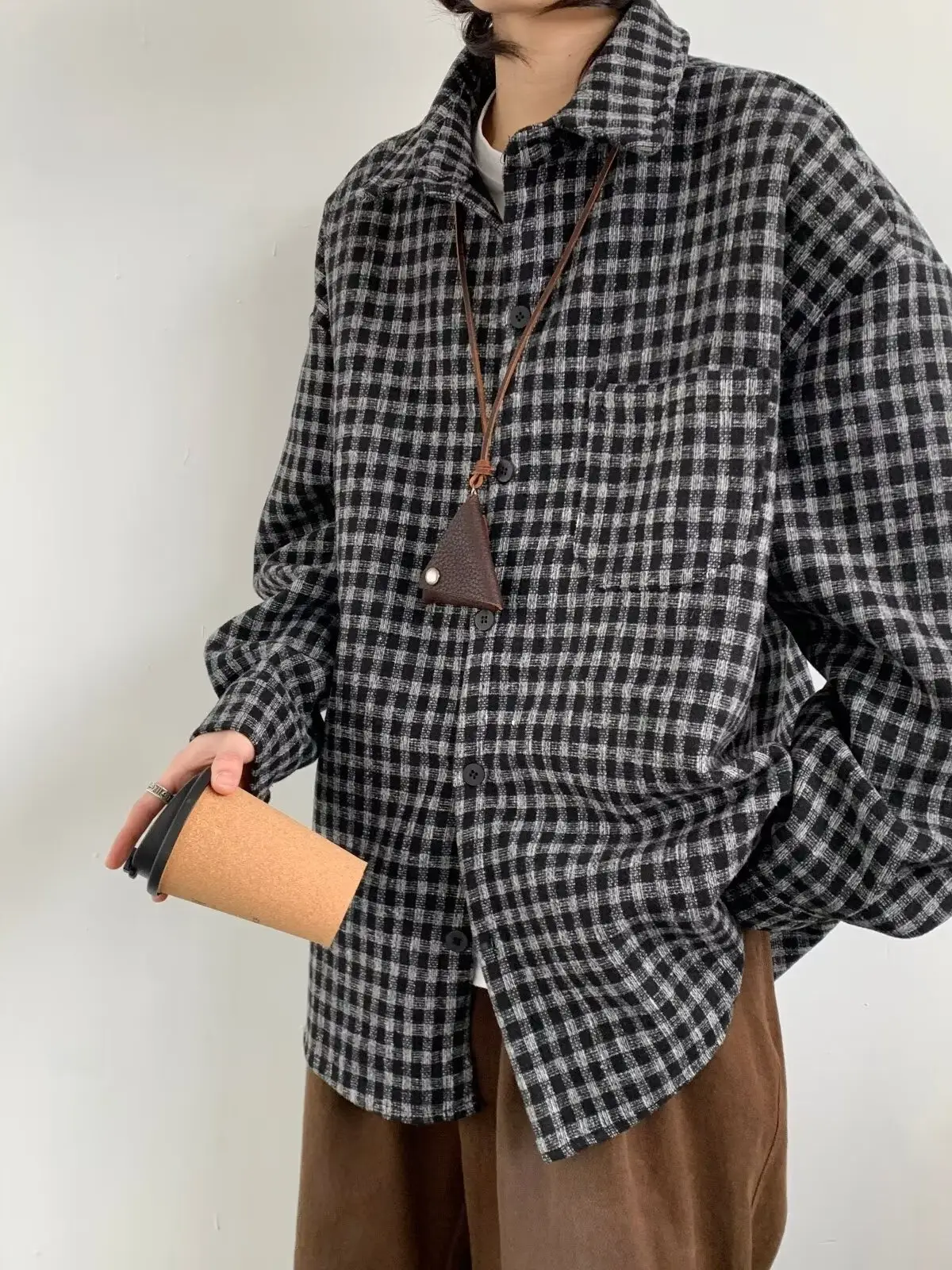 Men Vintage Checkered Long Sleeve Shirt Brown