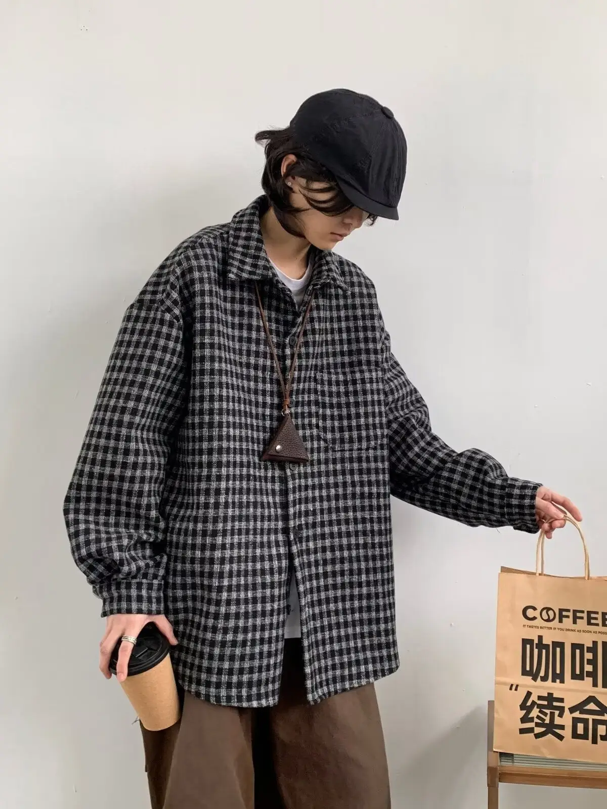 Men Vintage Checkered Long Sleeve Shirt Brown