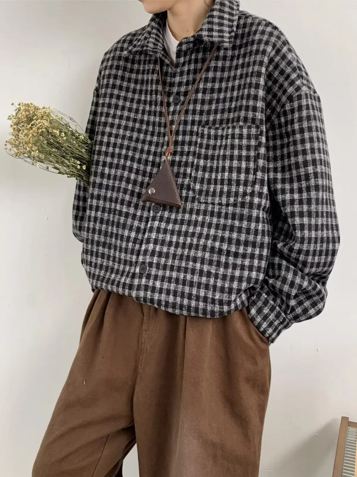 Men Vintage Checkered Long Sleeve Shirt Brown