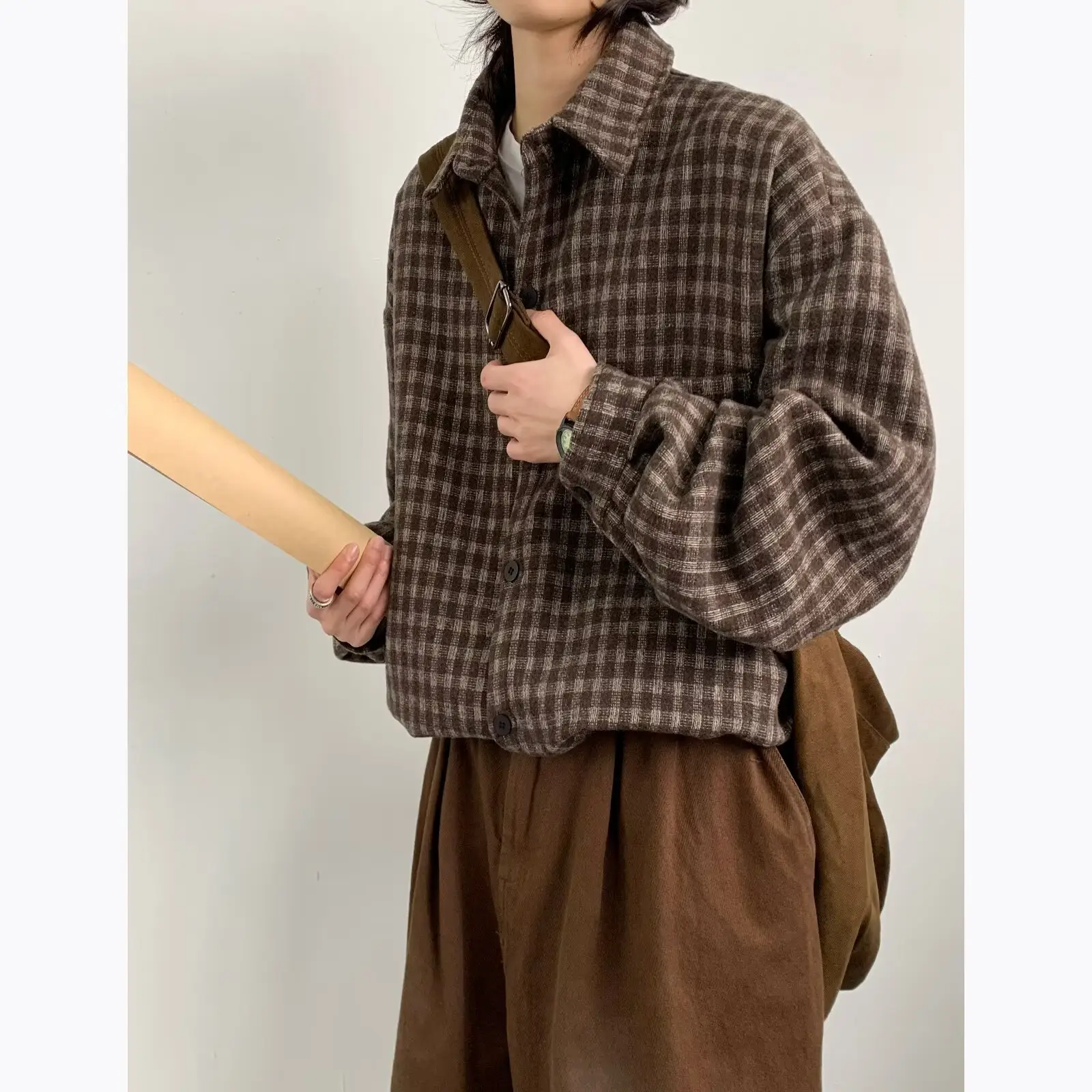 Men Vintage Checkered Long Sleeve Shirt Brown — feature 10