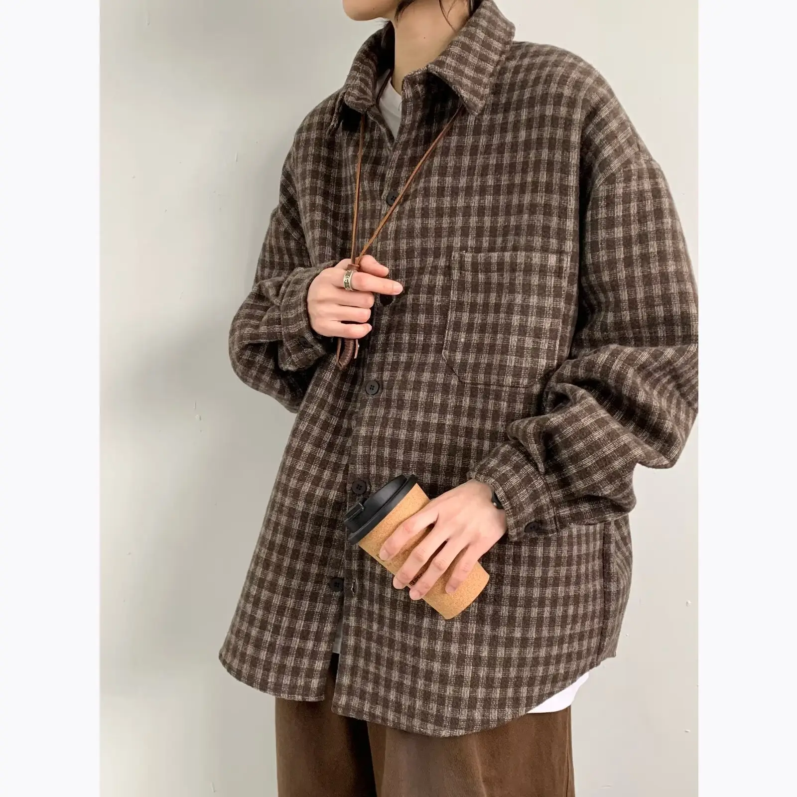 Men Vintage Checkered Long Sleeve Shirt Brown — feature 11