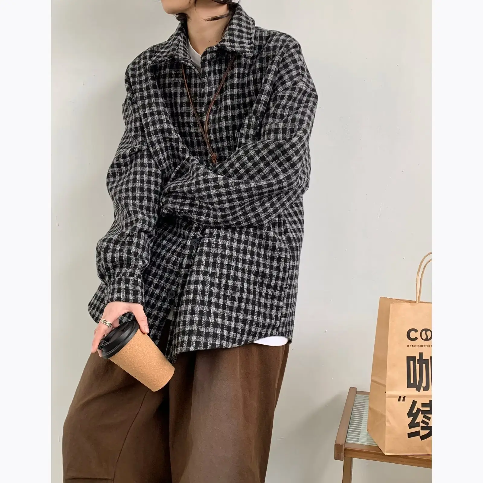 Men Vintage Checkered Long Sleeve Shirt Brown — feature 12