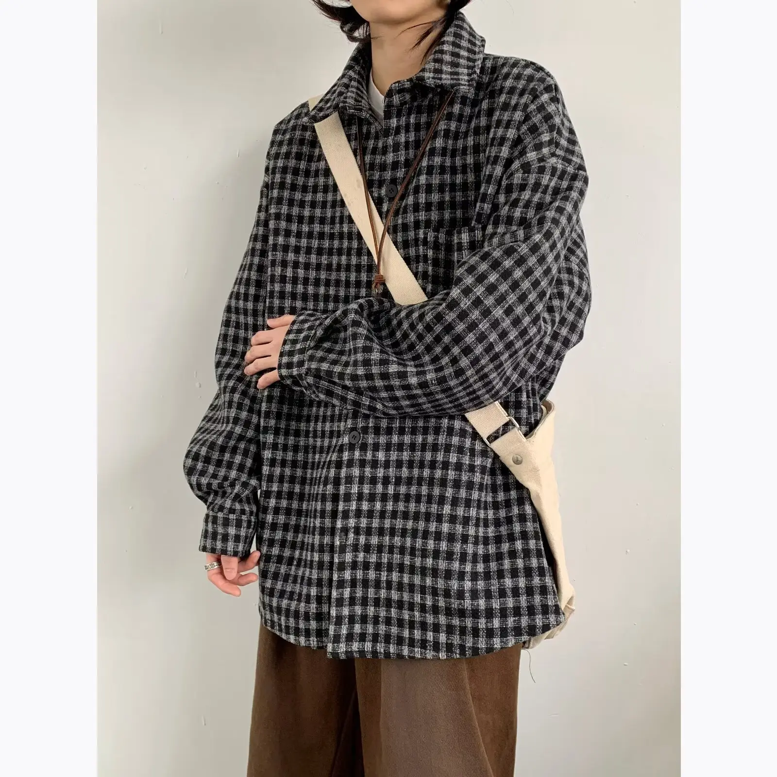 Men Vintage Checkered Long Sleeve Shirt Brown — feature 13