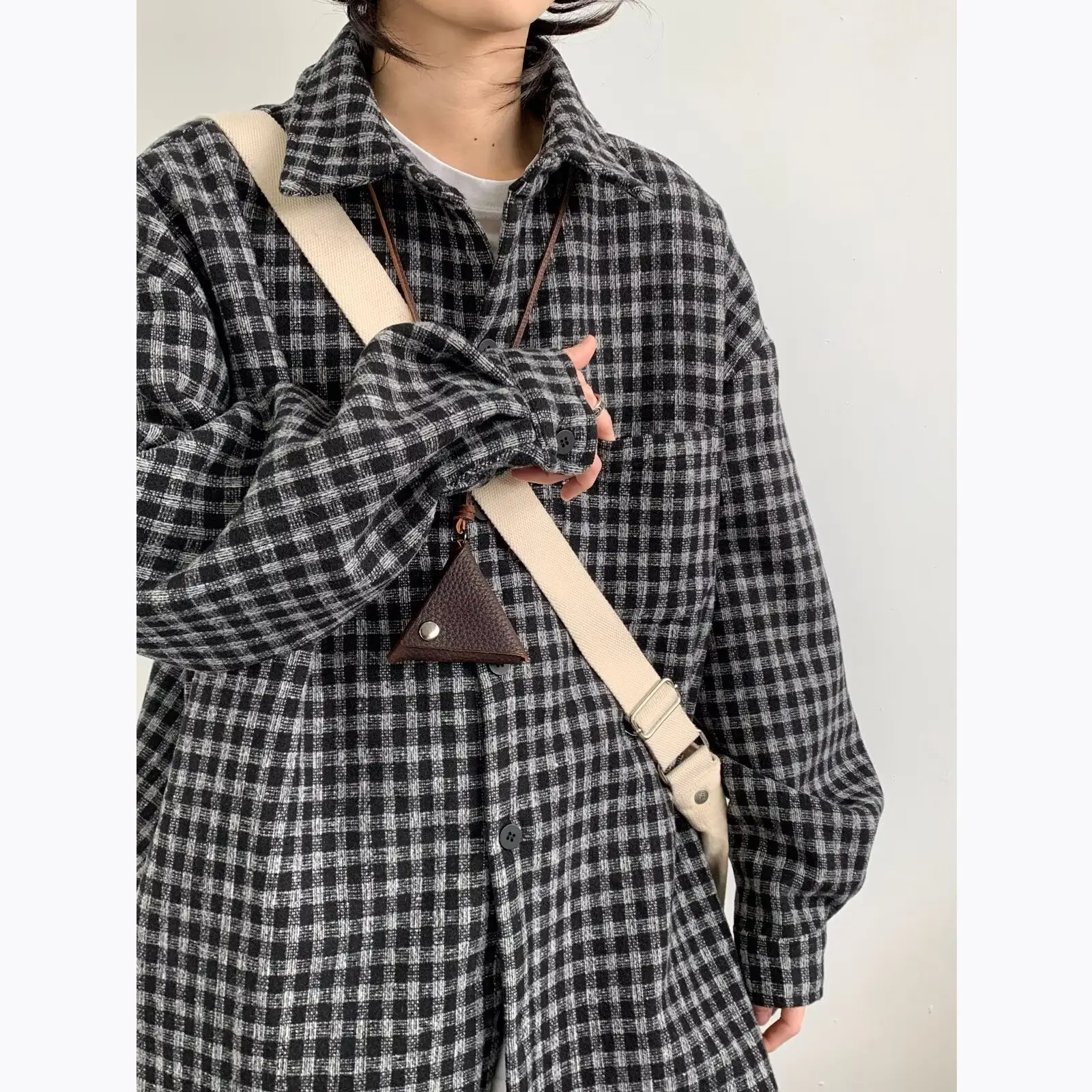 Men Vintage Checkered Long Sleeve Shirt Brown — feature 14