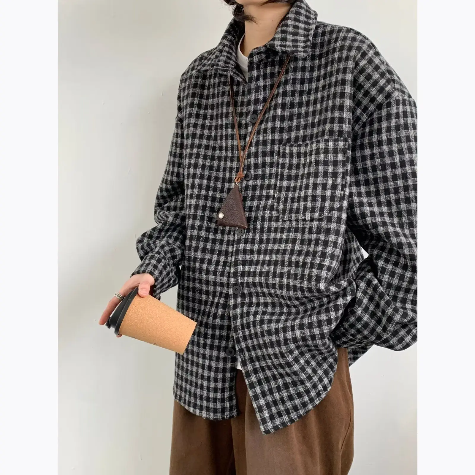Men Vintage Checkered Long Sleeve Shirt Brown — feature 15