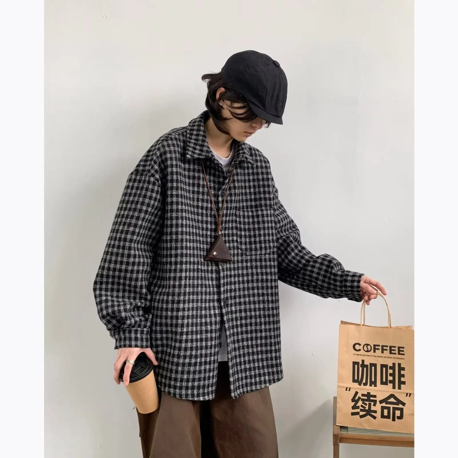 Men Vintage Checkered Long Sleeve Shirt Brown — feature 16