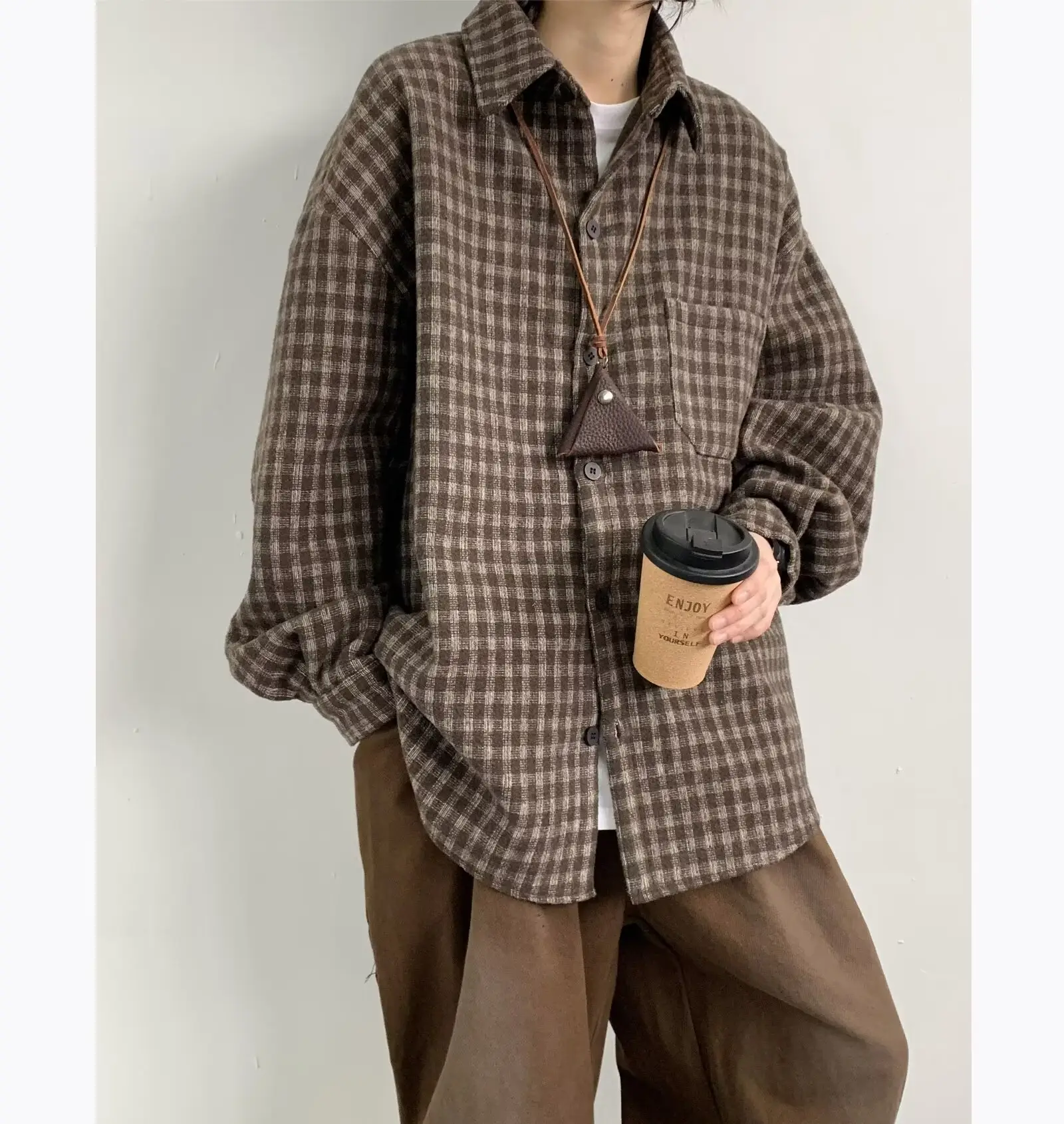 Men Vintage Checkered Long Sleeve Shirt Brown — feature 6