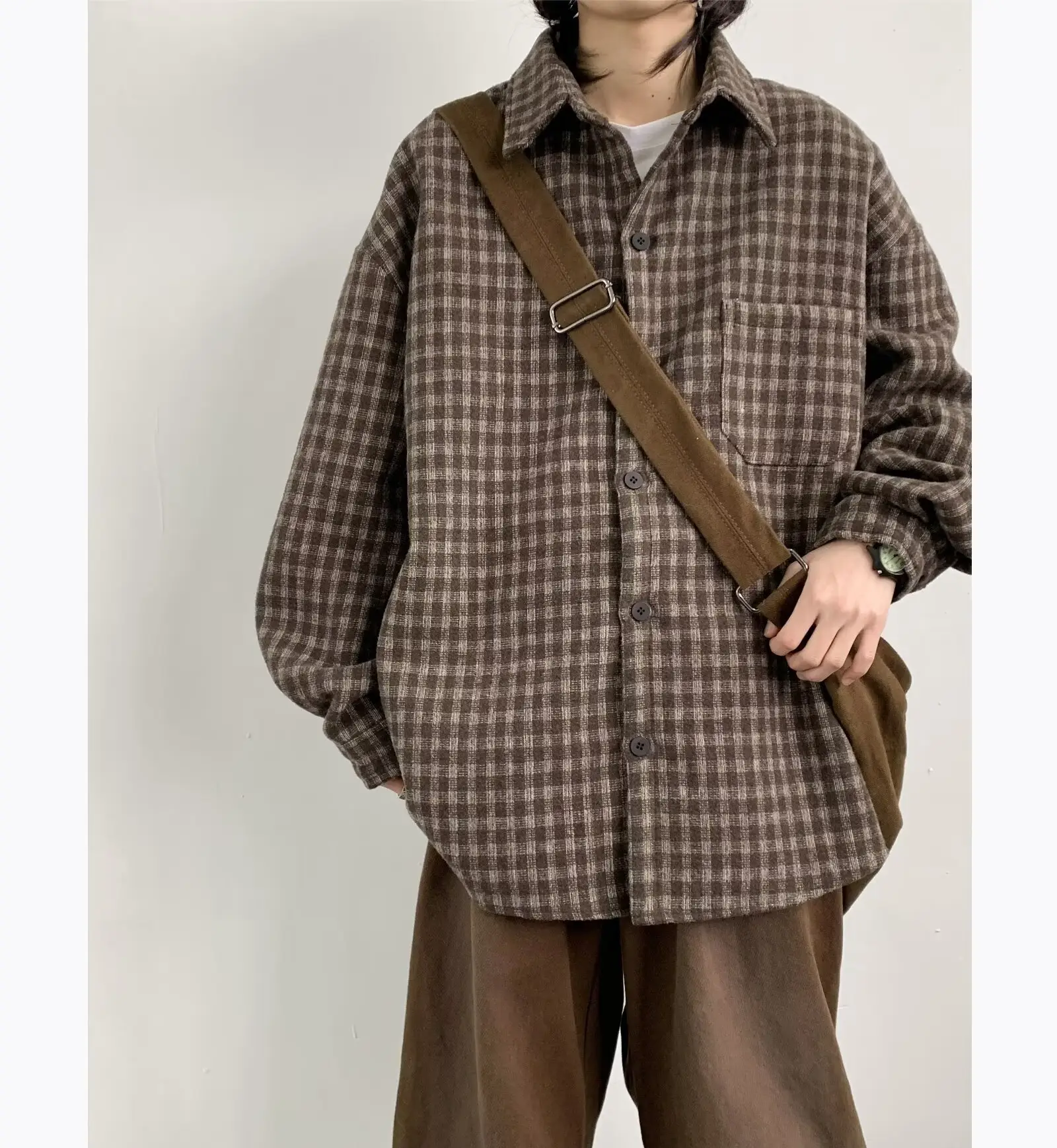 Men Vintage Checkered Long Sleeve Shirt Brown — feature 7