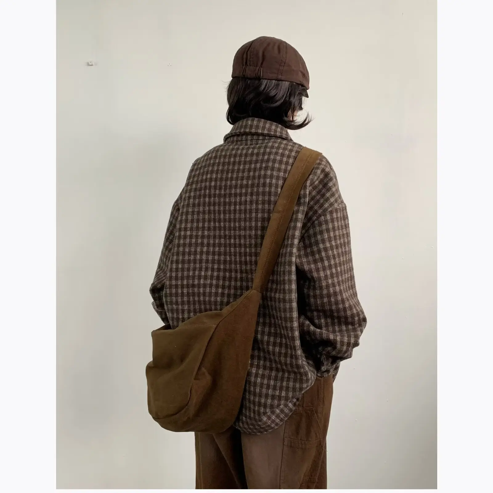Men Vintage Checkered Long Sleeve Shirt Brown — feature 9