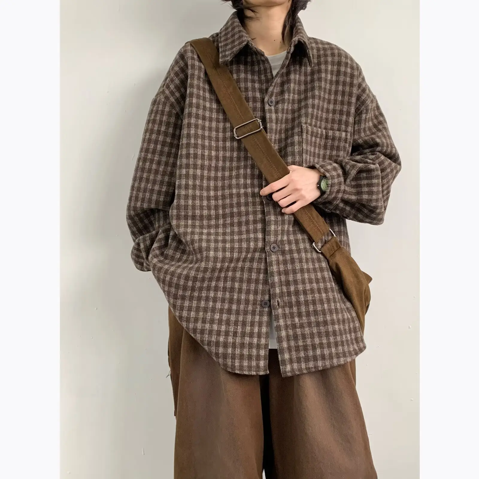 Men Vintage Checkered Long Sleeve Shirt Brown