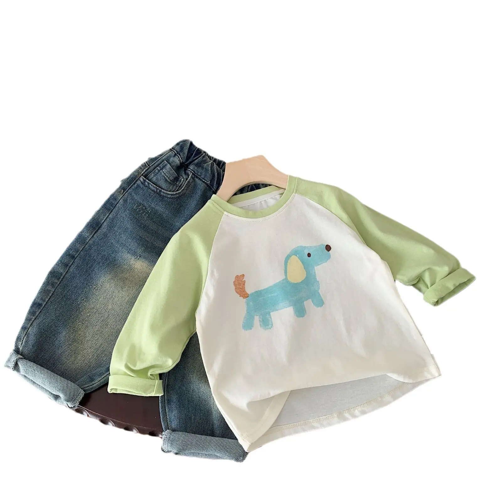 Children's Cartoon T-Shirt Set Brown Green Pink