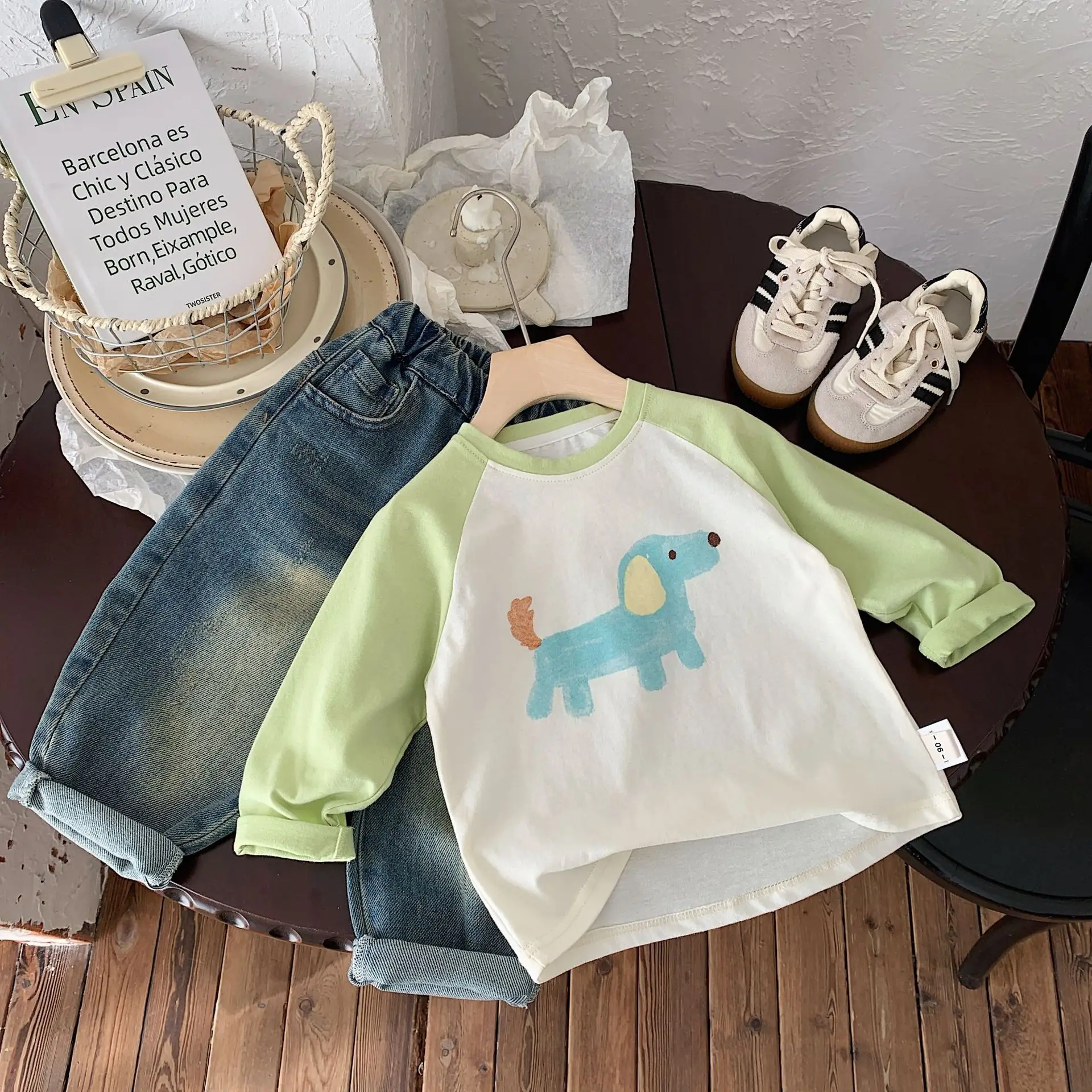 Children's Cartoon T-Shirt Set Brown Green Pink