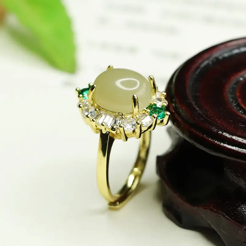 Aiyu Natural Hetian Jade Ring Clear Water Jade Prong Setting — feature 9