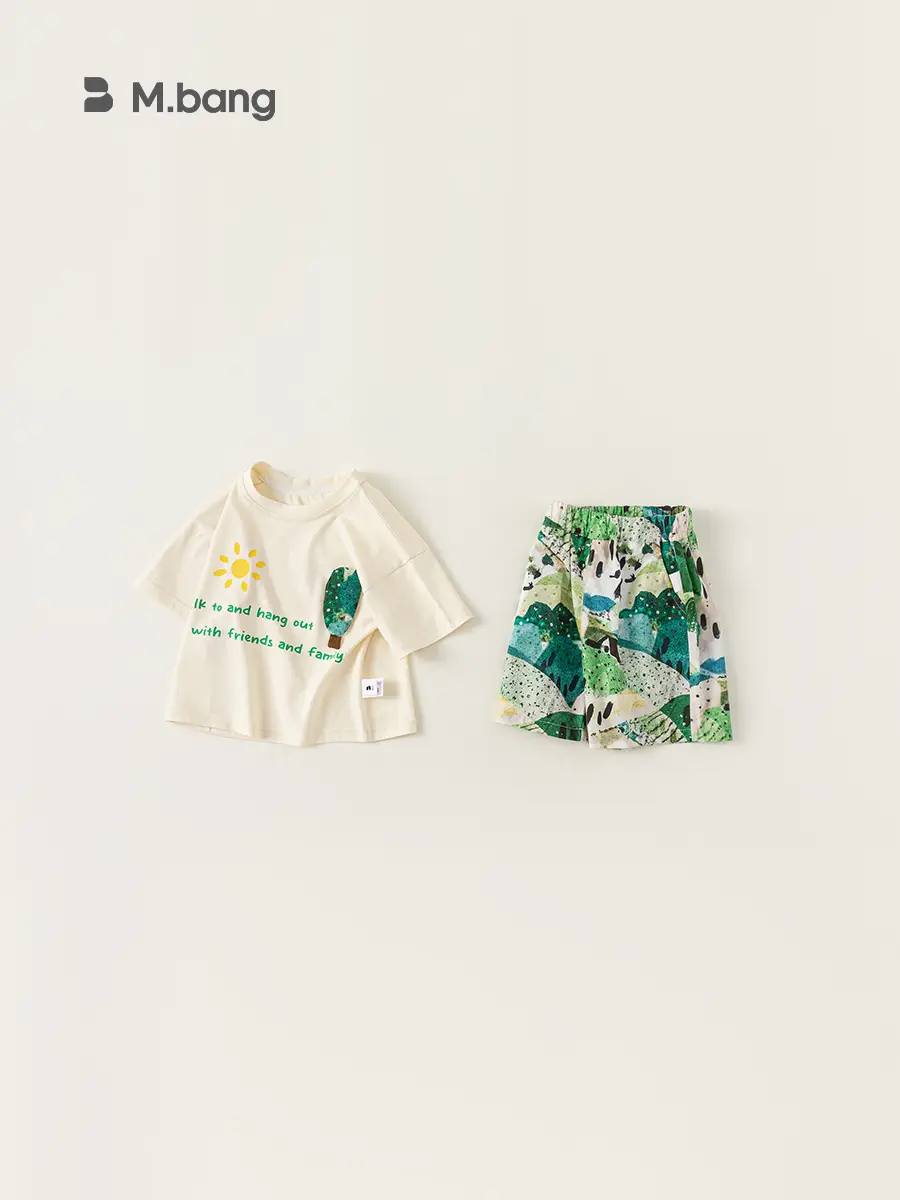 Boys T-Shirt & Beach Shorts Set White Green Cactus Print