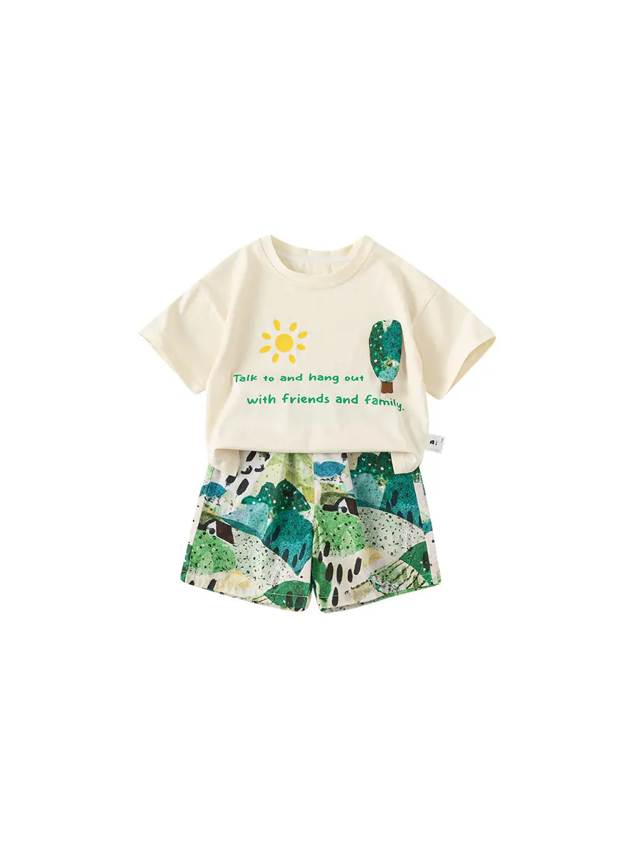 Boys T-Shirt & Beach Shorts Set White Green Cactus Print