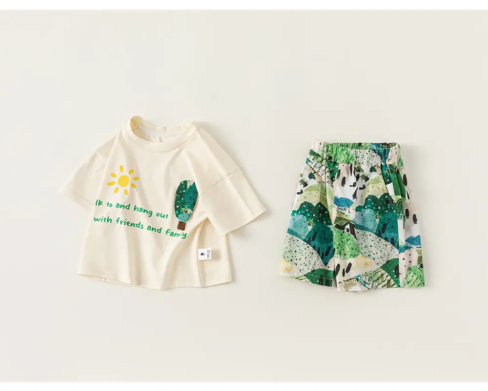 Boys T-Shirt & Beach Shorts Set White Green Cactus Print — feature 12