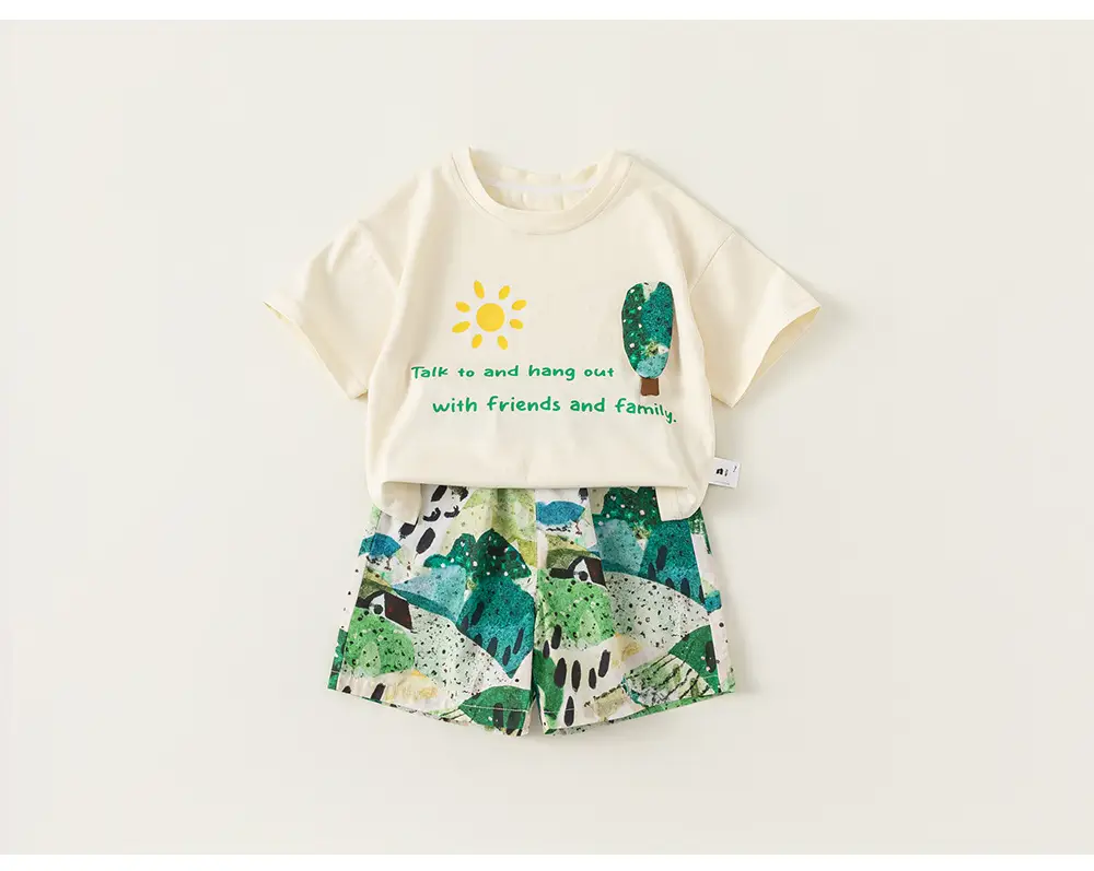 Boys T-Shirt & Beach Shorts Set White Green Cactus Print — feature 13