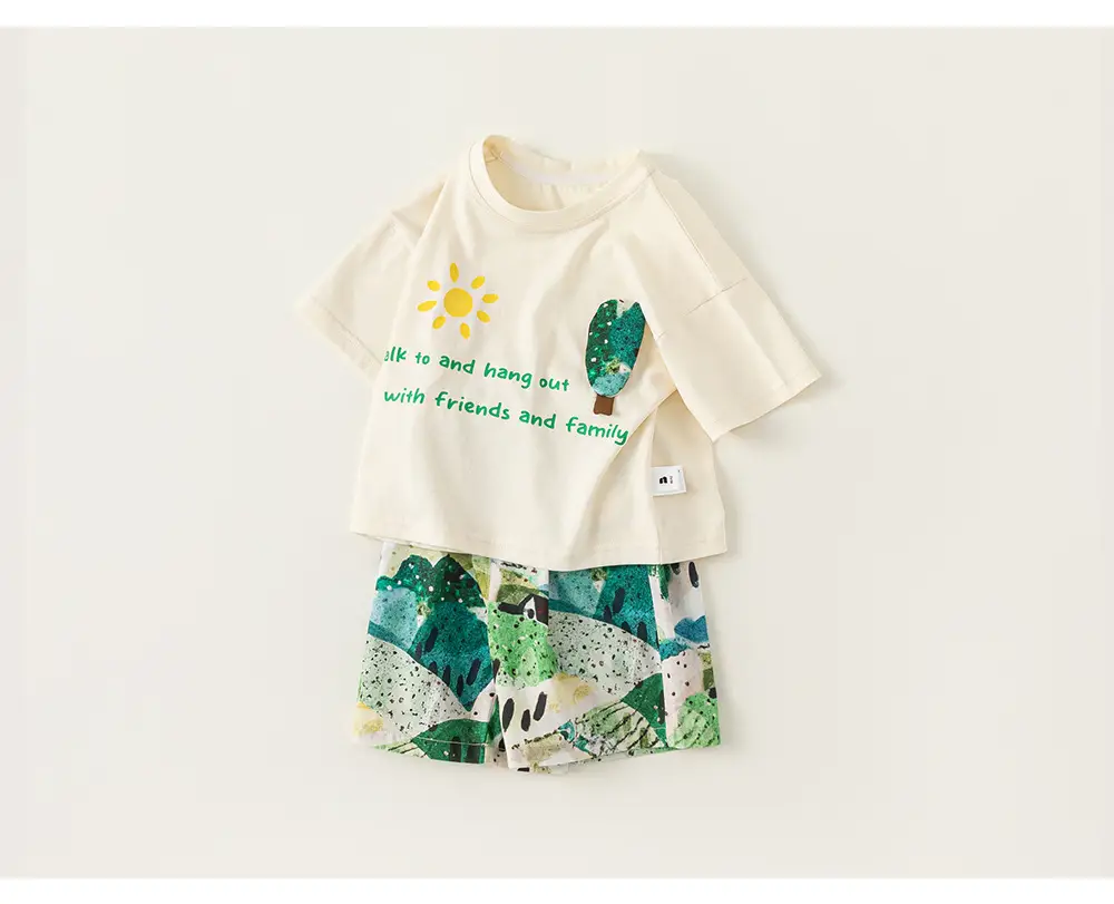 Boys T-Shirt & Beach Shorts Set White Green Cactus Print — feature 14